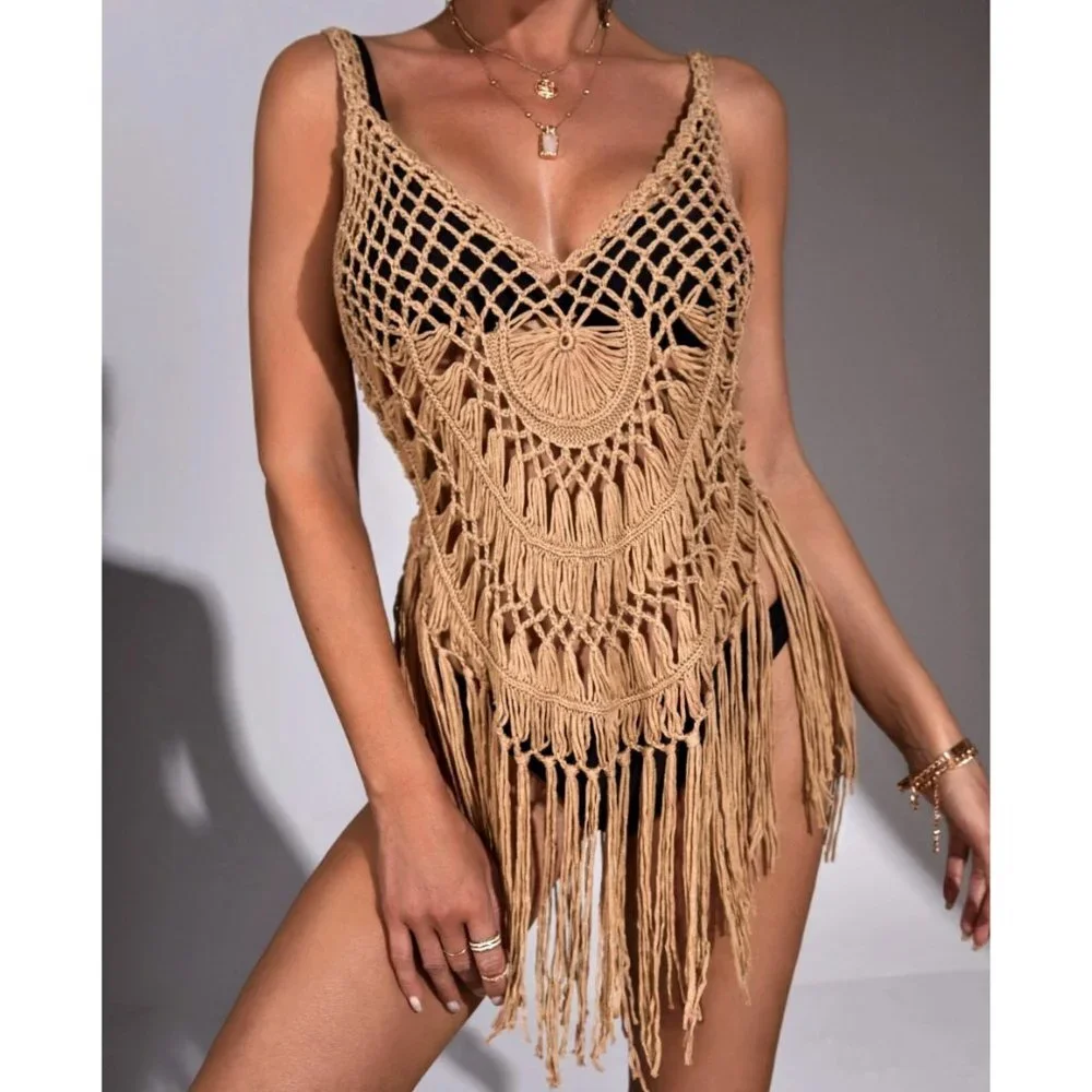 Beige Tan Knit Crochet Fringe Tassel Bikini Swimsuit Coverup Crop Tank Top‎ - Picture 5 of 7